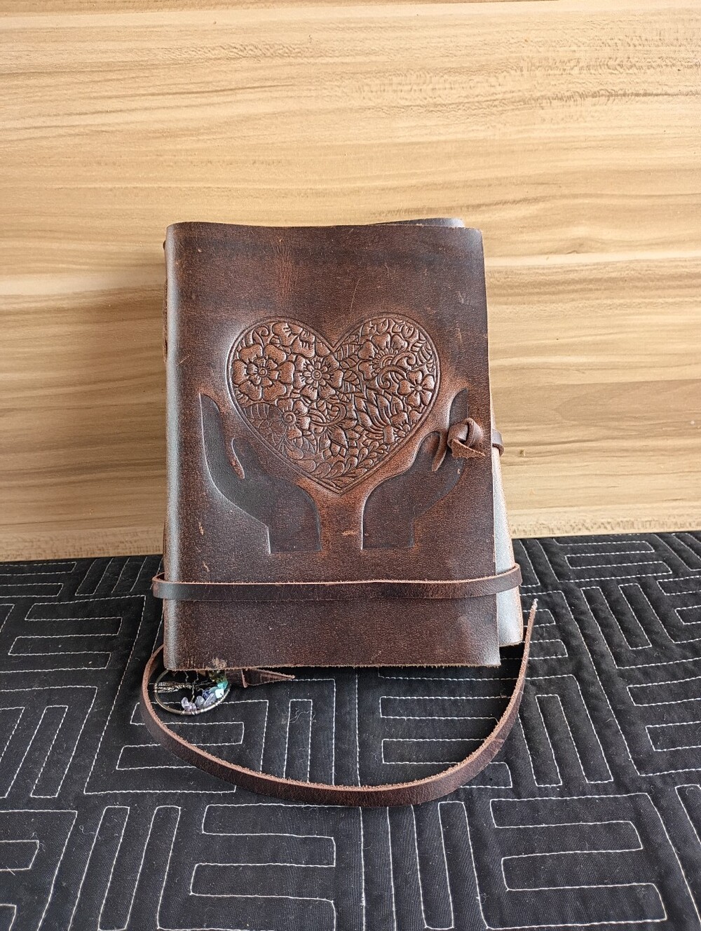 Handcrafted Brown Leather Crossbody Journal Bag with Heart Embossing